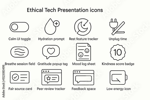 Ethical tech presentation icons: ui, tracker, feedback, badge, energy
