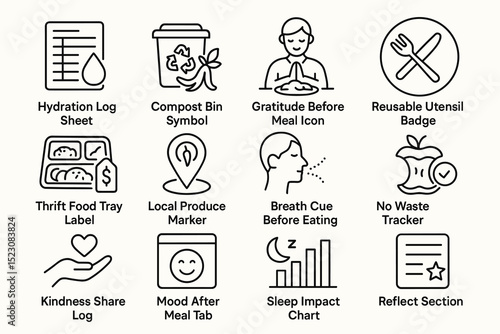 Eco-friendly meal and wellness icons collection with compost and gratitude symbols