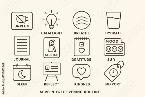 Screen-free evening routine icons: unplug, breathe, hydrate, journal, stretch, gratitude