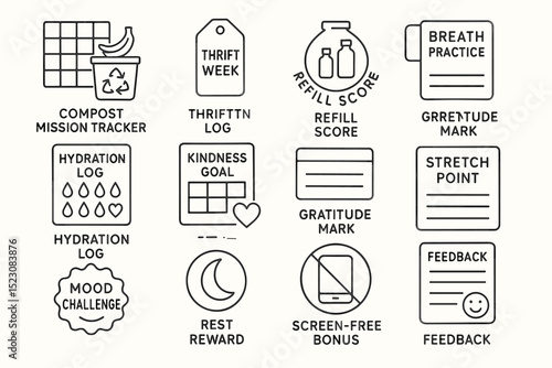 Sustainable living icons for eco-friendly habits and mindfulness tracking