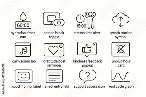 Digital wellness icons: hydration, screen break, stretch timer, and breath tracker