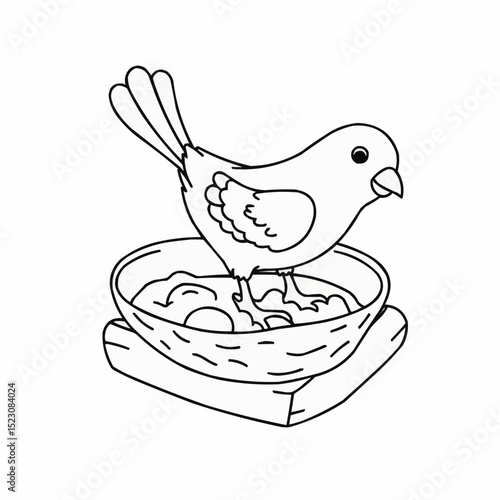 Coloring page, cartoon bird standing in nest with eggs in illustration style  