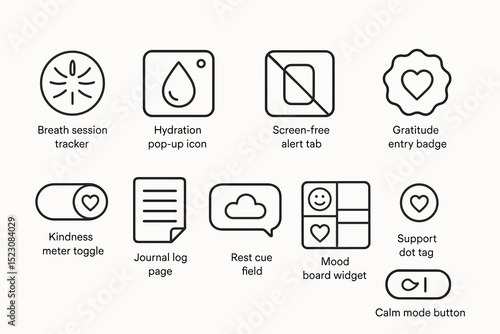 Wellness app icon set: meditation, hydration, screen-free, gratitude, kindness, journal