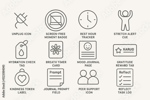 Wellness and productivity icons for mindful living and digital balance