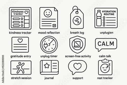 Mindfulness icons: mood reflection, breath log, gratitude, calm talk, stretch session