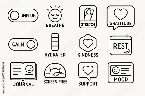 Self-care icons highlighting relaxation, gratitude, and support