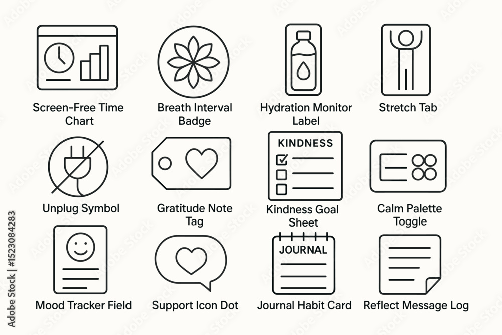 Naklejka premium Icons for wellness apps: gratitude, hydration, kindness, mood, and goals