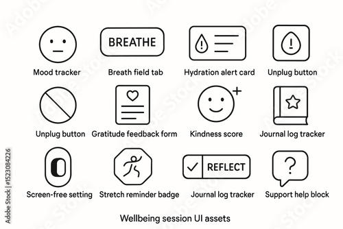 Wellbeing session ui assets: mood, hydration, unplug, gratitude, kindness features