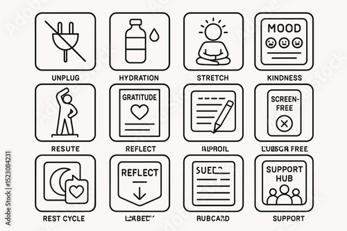 Healthy habits icons: unplug rest cycle hydration screen-free stretch support kindness