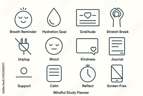 Mindful study planner icons: breath, hydration, gratitude, stretch, unplug, mood, kindness, journal, support, calm, reflect, screen-free