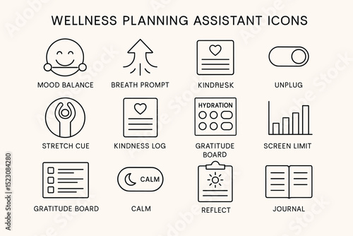 Wellness planning assistant icons: mood balance, breath prompt, kindness log, gratitude board, calm reflect
