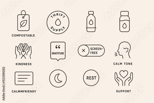 Minimalist icons representing eco-friendly and mindfulness concepts