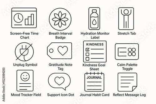 Icons for wellness apps: gratitude, hydration, kindness, mood, and goals