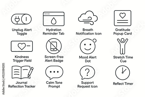 Wellness icons set featuring gratitude, hydration, kindness, and support alert symbols