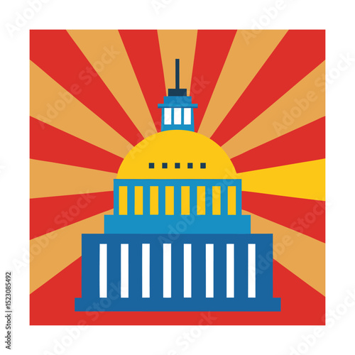 Colorful illustration of the united states capitol building with retro sunburst background