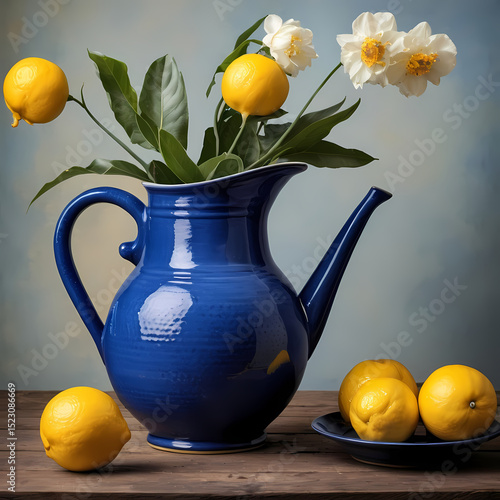 Lemons in a Blue Pitcher Still Life Photography  