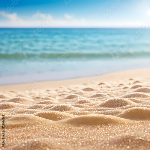 Seascape abstract beach background. blur bokeh light of calm sea and sky. Focus on sand foreground.  