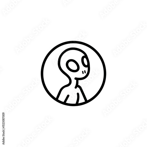 Cartoon alien stares inside simple isolated monochrome emblem