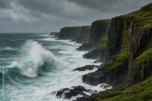 Rough ocean waves hitting the towering cliffs along the Atlantic coast