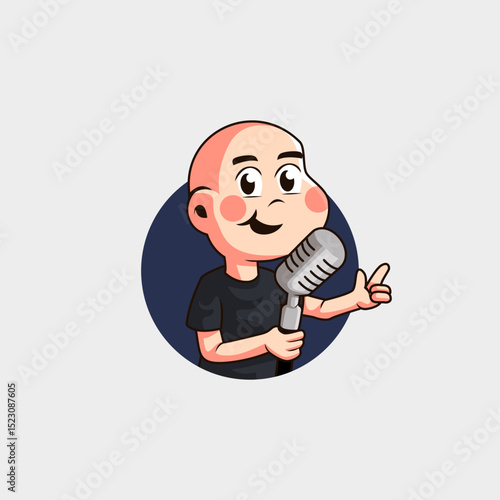 cartoon mascot logo of a fat man talking into a microphone entertains the audience and provides comedy