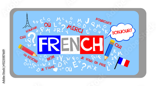 Learning French Online education concept. French language.  Dictionnaire. Dictionary. French school.Language education Vector illustration for education, foreign language study