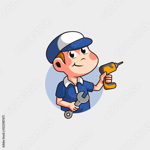 cartoon mascot logo of a man in a hat working as a repairman with drill tools and a wrench