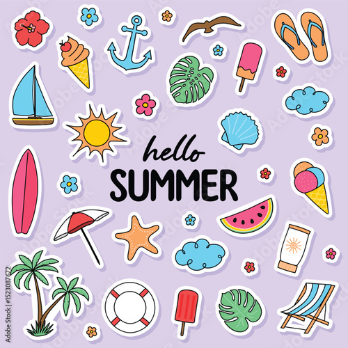 Hand drawn summer stickers. Icon set. Vector illustration