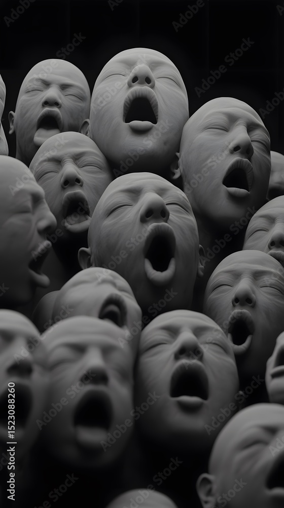 Obraz premium Many faces, mouths agape, in monochrome.