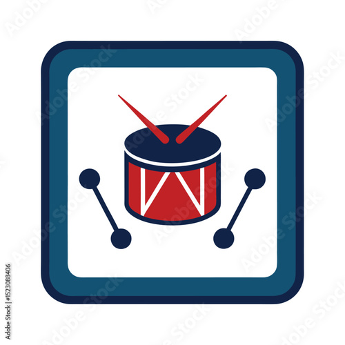 Cartoon drum kit inside a square frame with drumsticks and a music concept