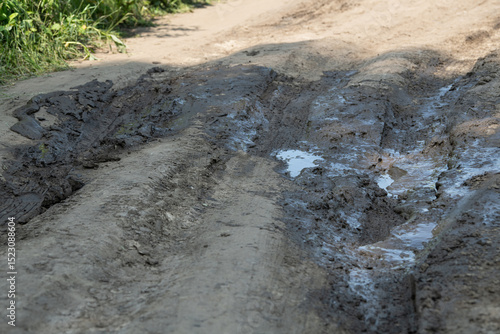Tire tracks embedded in soft soil show the impact of vehicles on a muddy, unpaved road after rainfall. Lush green grass edges the path, indicating a rural landscape