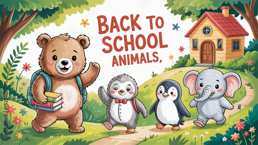Fototapeta premium Cute animals going back to school illustration