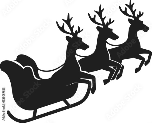 Black Santa's sleigh and reindeer silhouette flying for Christmas gifts
