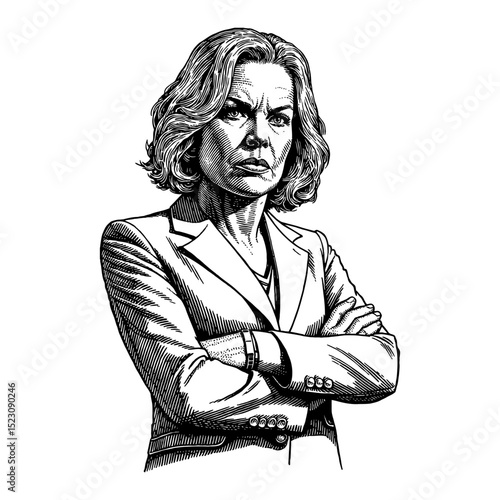 Independent Woman in Suit with Angry Wrathful Expression Arms Crossed Black and White Outline Line Art Drawing