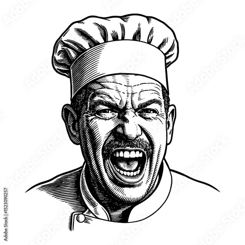 Man Chef with Hat and Very Angry Wrathful Face Screaming in Black and White Outline Line Art Drawing