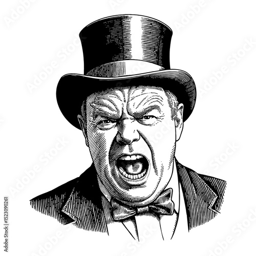 Man featuring expressive very angry wrathful face with vintage suit and top hat Black and White Outline Line Art Drawing
