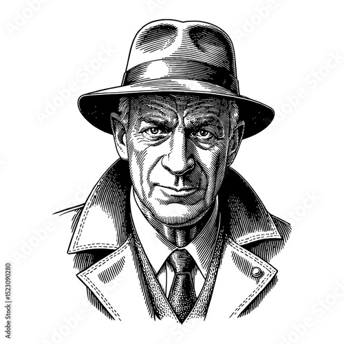 Vintage Man with Detective Suit and Intimidating Face Front View Black and White Outline Line Art Drawing