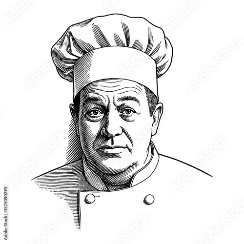 Disappointed Male Chef with Hat in Black and White Outline Line Art Drawing Vintage Engraving Style