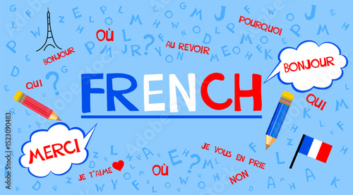 Learning French Online education concept. French language.  Dictionnaire. Dictionary. French school.Language education Vector illustration for education, foreign language study