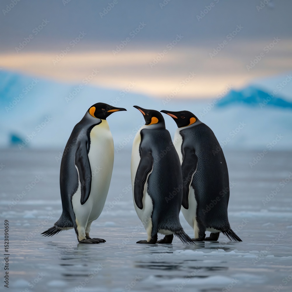 Fototapeta premium Three king penguins on antarctic ice at sunset