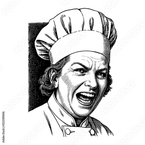 Woman Chef with Hat Yelling with Very Angry Wrathful Face Black and White Outline Line Art Drawing