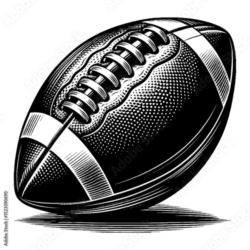 American Football Black and White Outline Line Art Drawing with Laces and Stripes Vintage Style