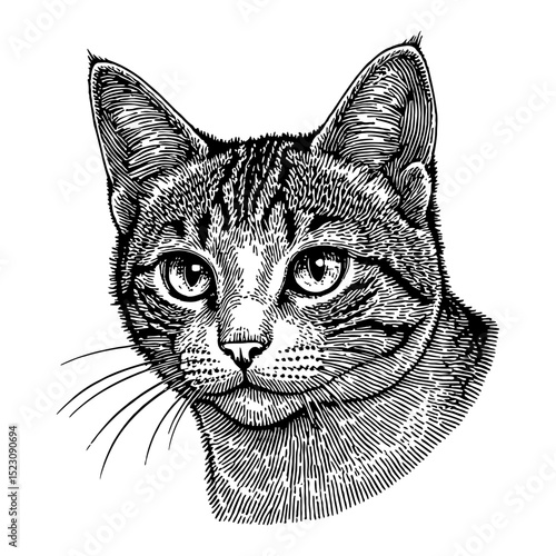 American Shorthair Kitten Head Close Up Black and White Outline Line Art Drawing Detail Vintage Style