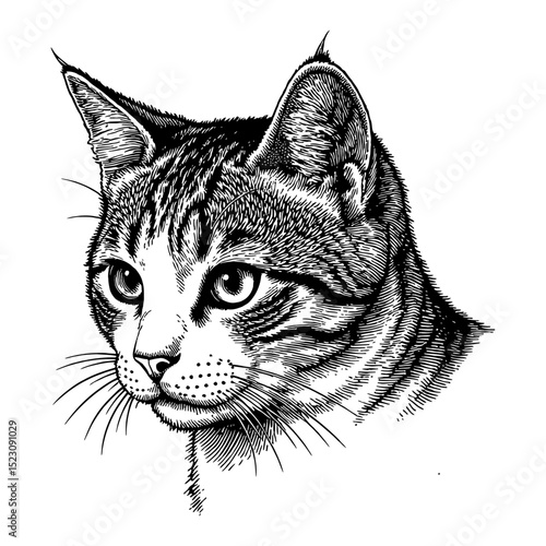 American Shorthair Kitten Head Profile Black and White Outline Line Art Drawing Vintage Engraving Style