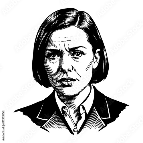 Independent Woman in Suit with Disgusted Expression Black and White Outline Line Art Drawing