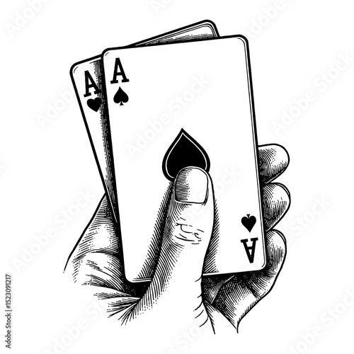 A Hand Holding Two Ace Poker Playing Cards Black and White Outline Line Art Drawing Engraved Style
