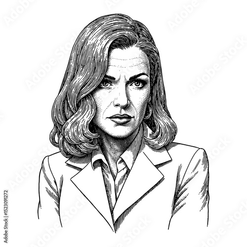 Independent Woman in Suit with Disgusted Expression Black and White Outline Line Art Drawing