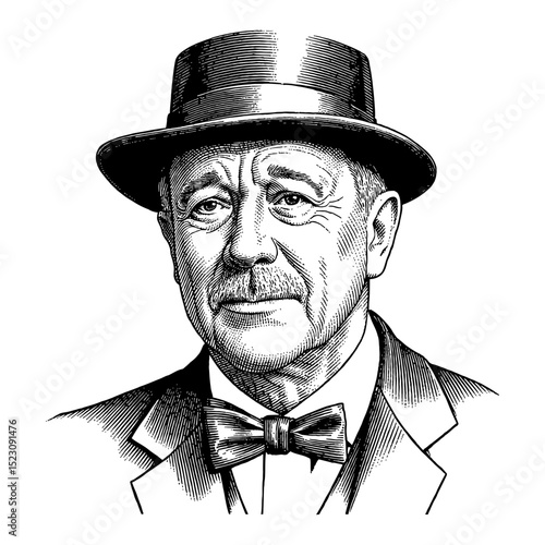 Man Featuring Vintage Suit and Top Hat with Solemn Expressive Face Black and White Outline Line Art Drawing