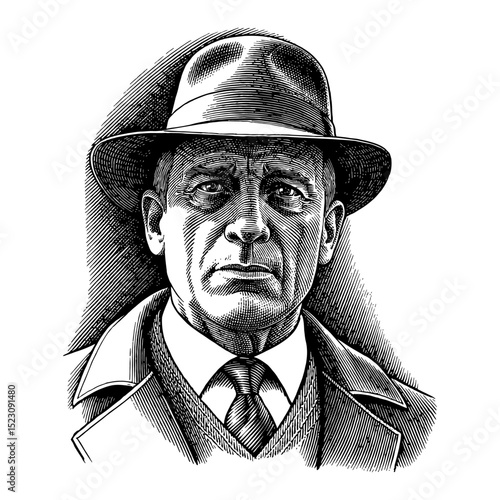 Man with Mysterious Intimidating Expression Vintage Detective Suit and Face Covered by Shadows Black and White Outline Line Art Drawing