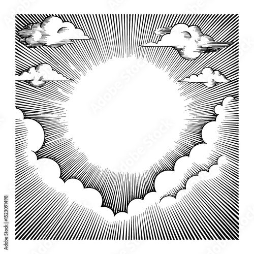 Sun Shining Through Clouds with Rays Black and White Outline Line Art Drawing Bright Sky Scene