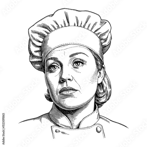 Disappointed Woman Chef with Hat and Worried Expression Headshot Black and White Outline Line Art Drawing
